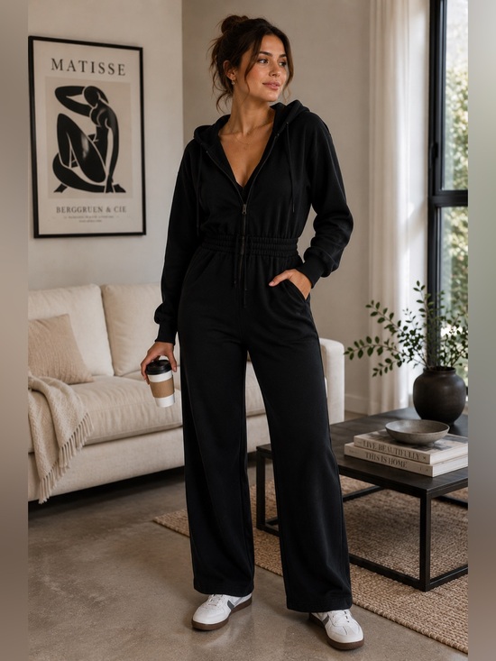 PINK Victoria's Secret Pants - Sz M VS PINK NWOT $69 Ivy Fleece Hooded Jumpsuit Hoodie Black